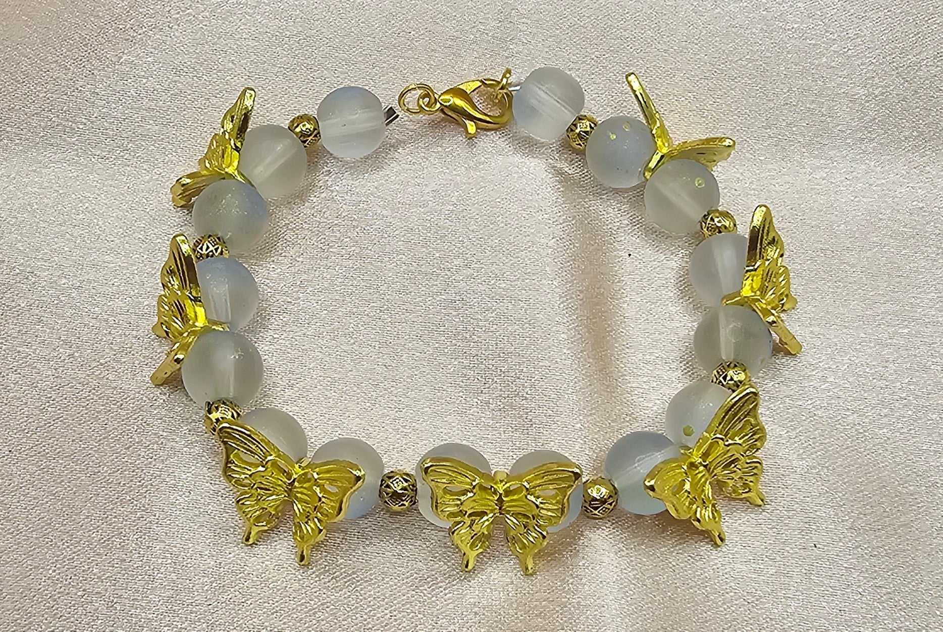 Golden Butterfly Frosted Glass Bead Bracelet | Gold Butterfly Charms | Handmade Fairycore Jewellery Australia