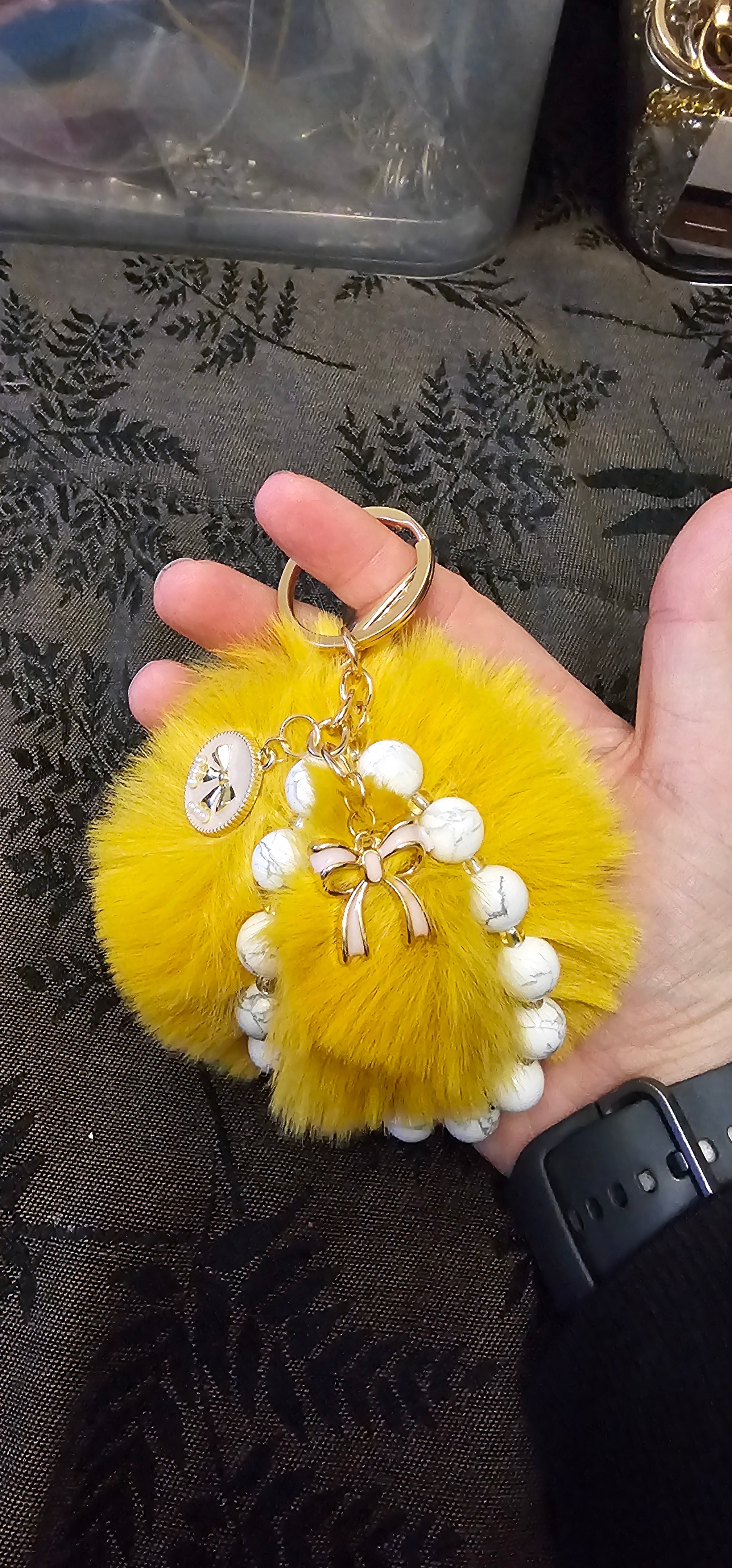 Yellow Pom Pom Keychain | White Howlite Beads & Gold Bow Charm | Handmade Coquette Accessory