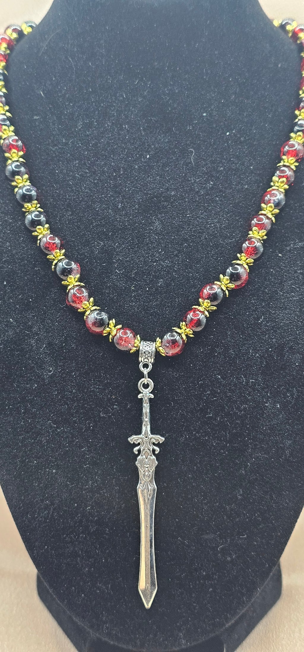 Red & Black Beaded Necklace | Gothic Sword Pendant | Handmade Dark Fantasy Jewellery