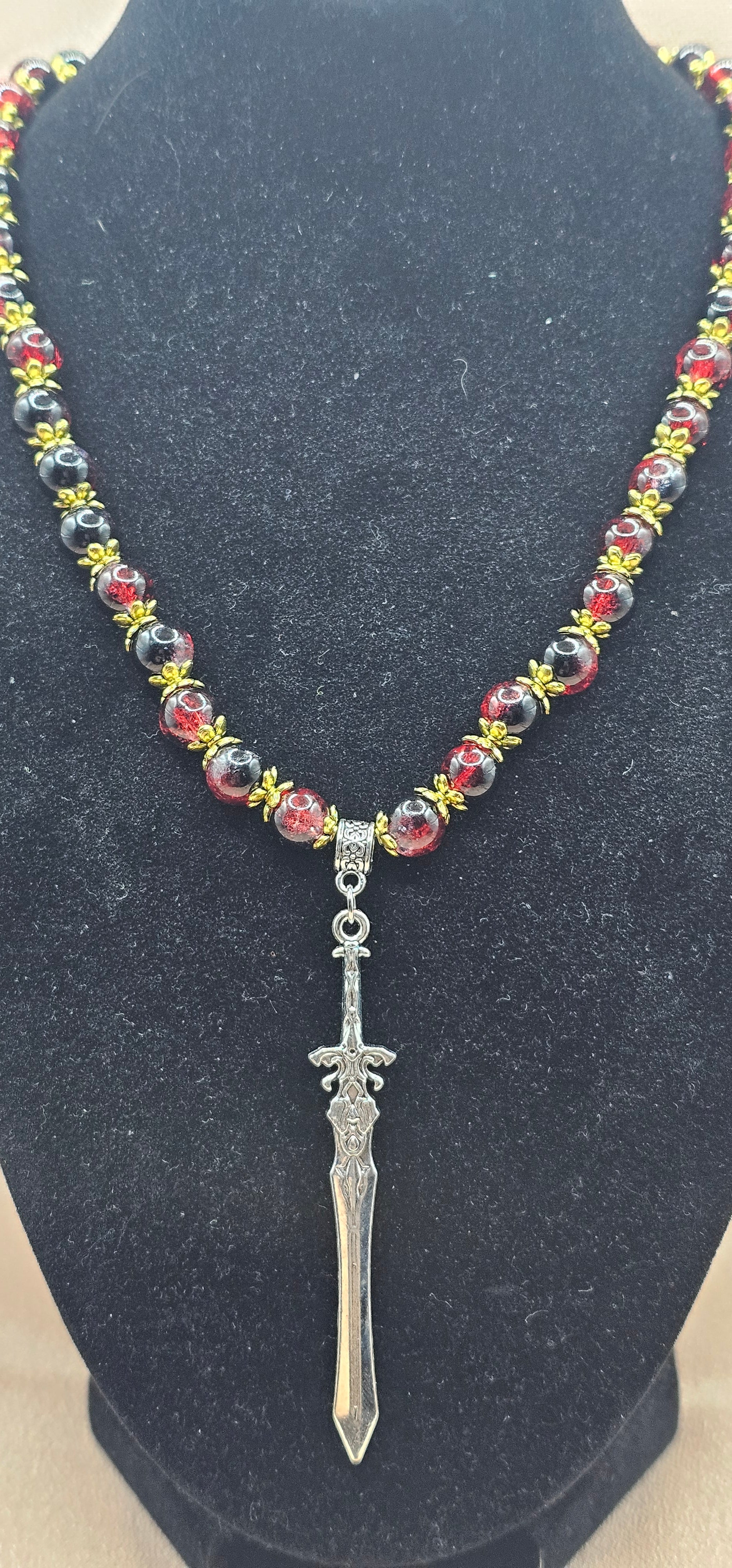 Red & Black Beaded Necklace | Gothic Sword Pendant | Handmade Dark Fantasy Jewellery
