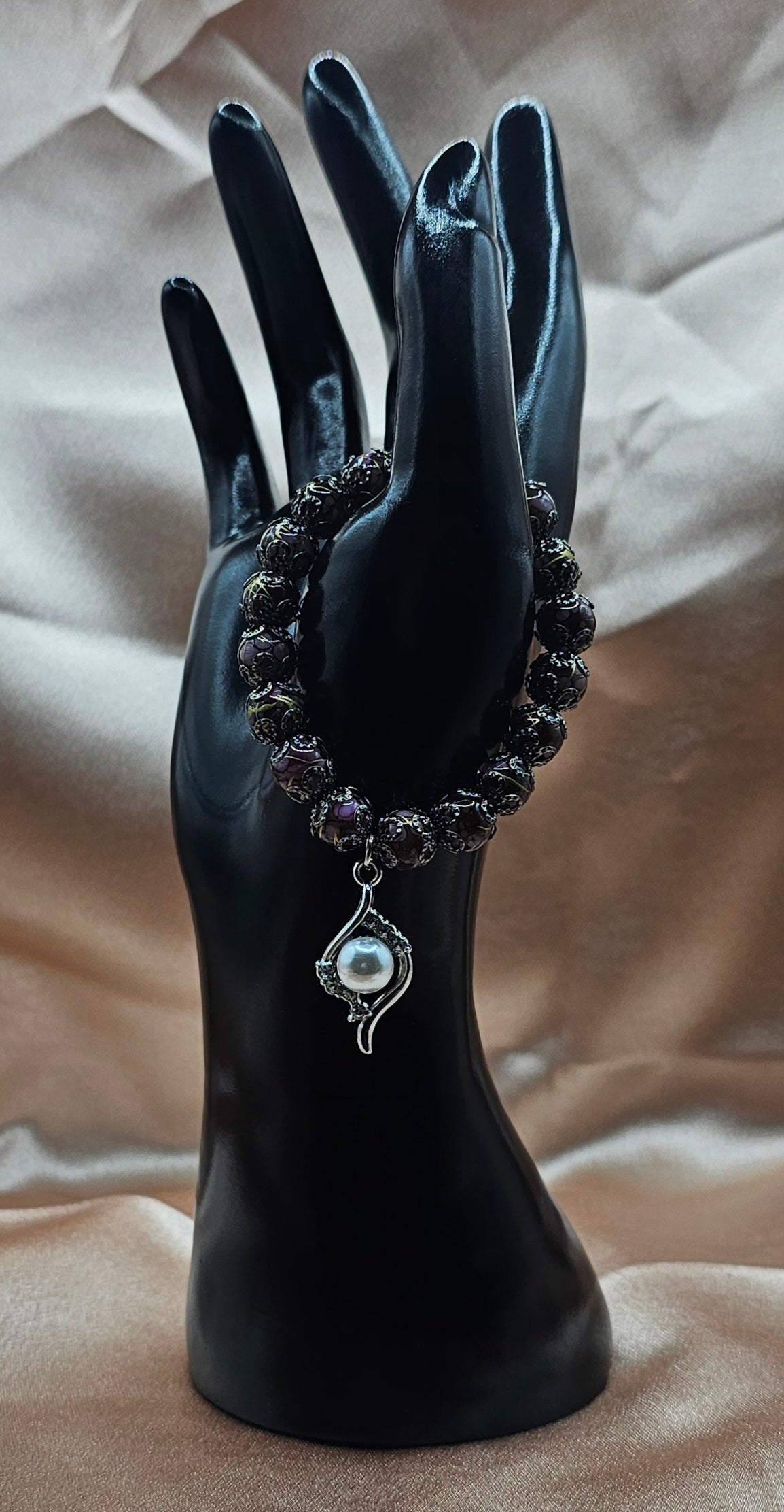Cloisonne Bead Bracelet | Pearl Charm & Dark Filigree | Handmade Dark Romantic Jewellery Australia