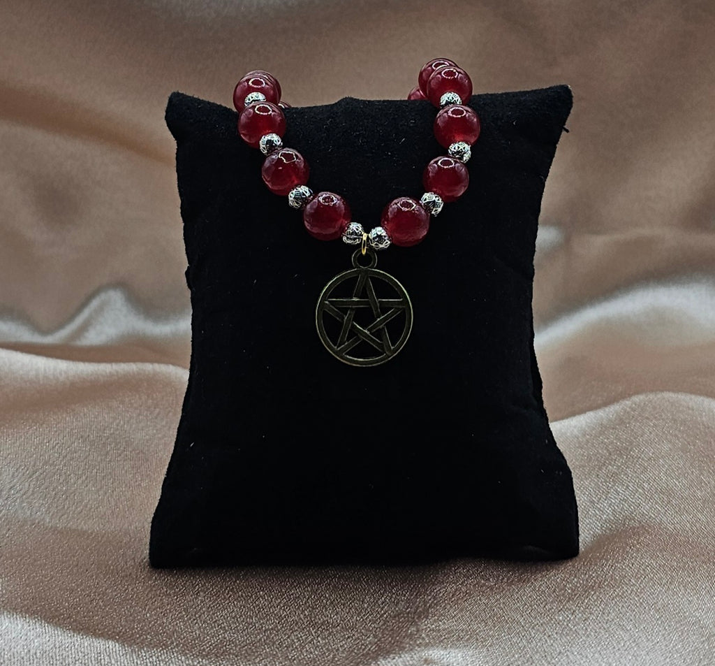 Carnelian Pentagram Bracelet | Red Beaded Stretch with Bronze Pentacle | Handmade Witchy Jewellery Australia