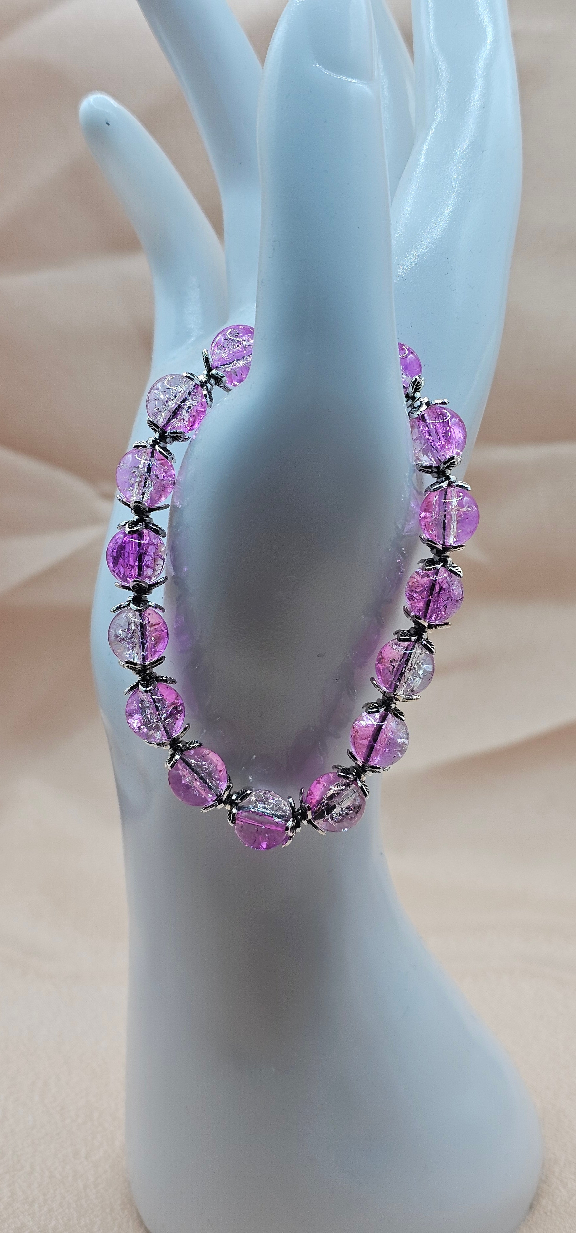 Pink Crackle Glass Beaded Bracelet | Silver Floral Caps | Handmade Fairycore Jewellery Australia