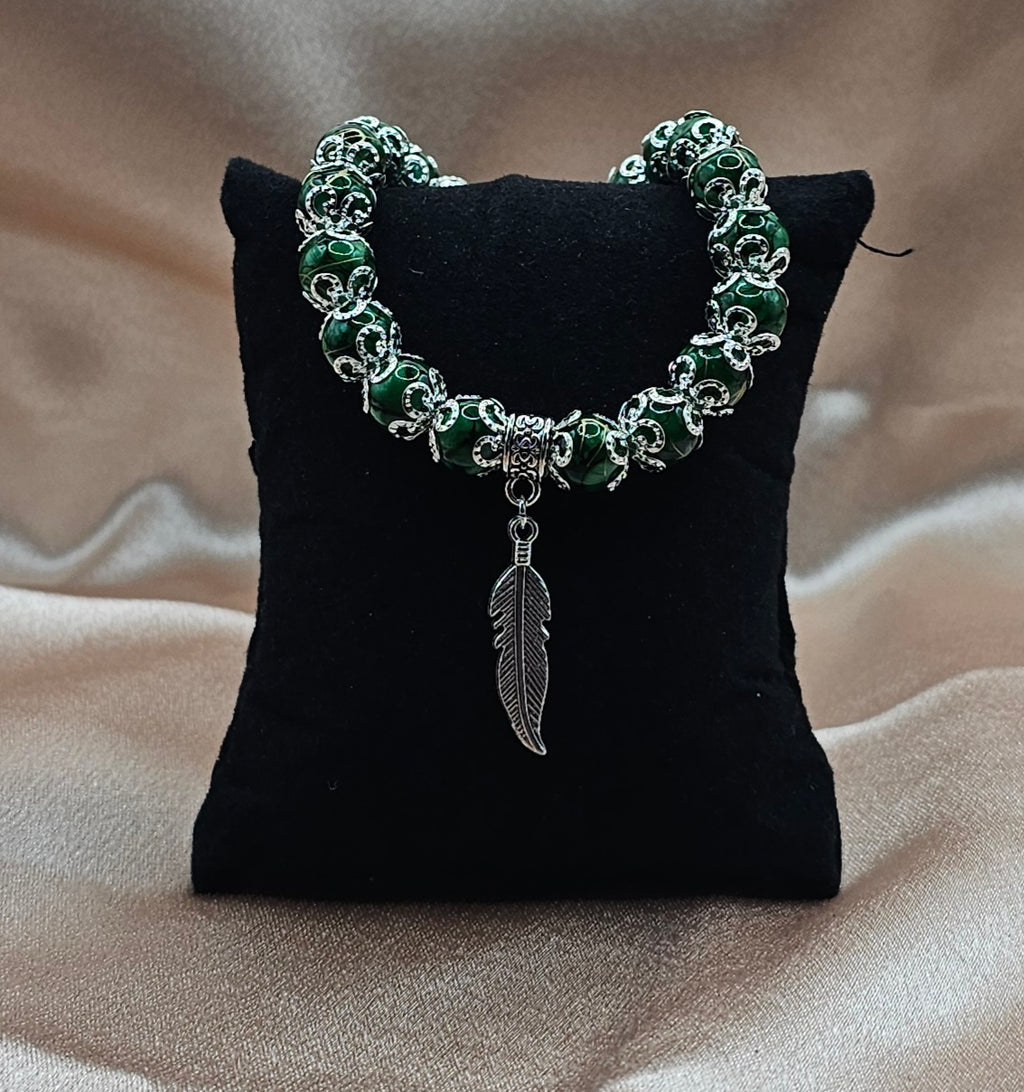 Green Marbled Beaded Bracelet | Silver Feather Charm & Filigree | Handmade Green Witch Jewellery Australia