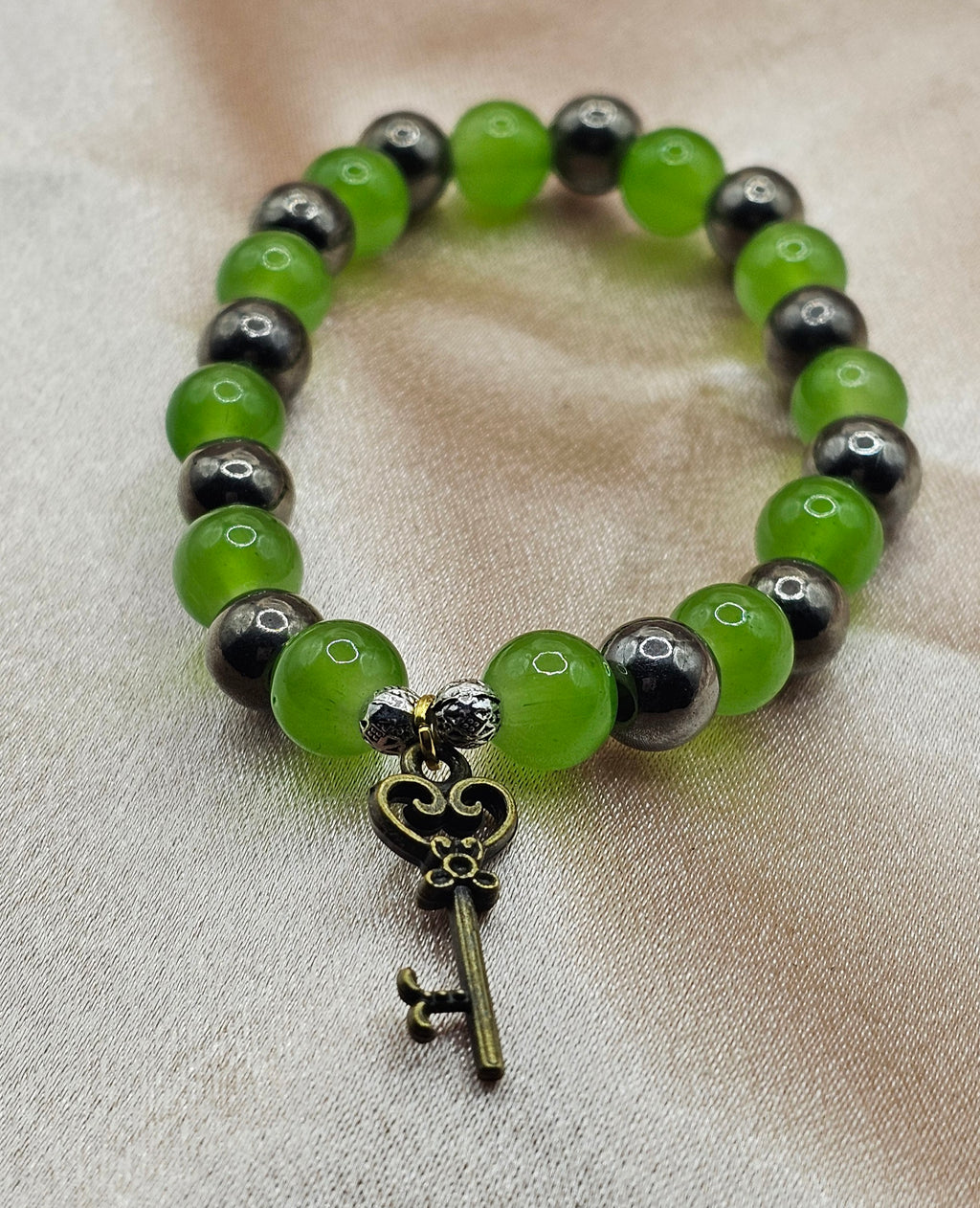 Green Aventurine Bracelet | Vintage Key Charm & Hematite Spacers | Handmade Cottagecore Jewellery Australia