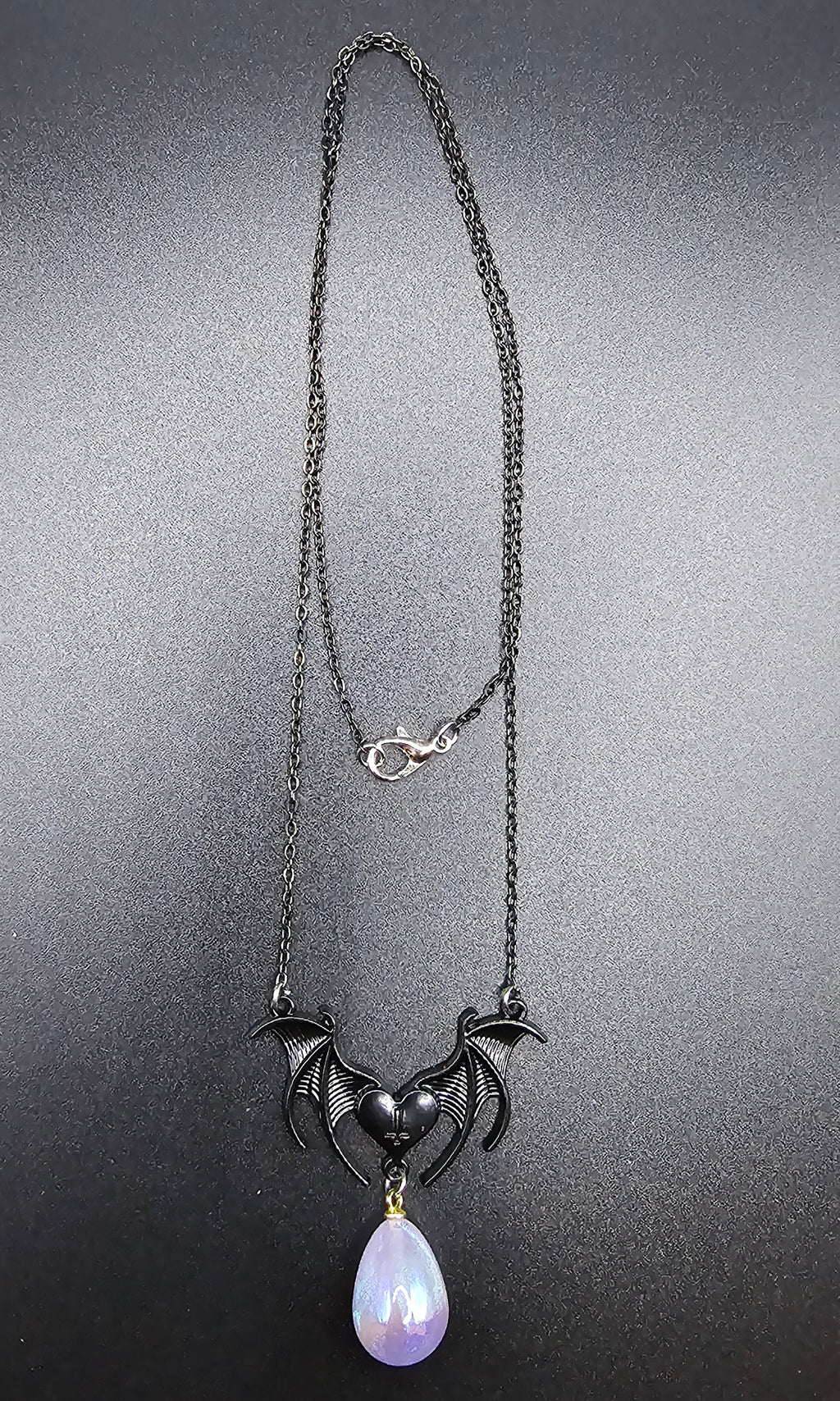 Handmade soft goth gothic bat wing heart necklace with lavender teardrop pendant, handmade jewellery Australia